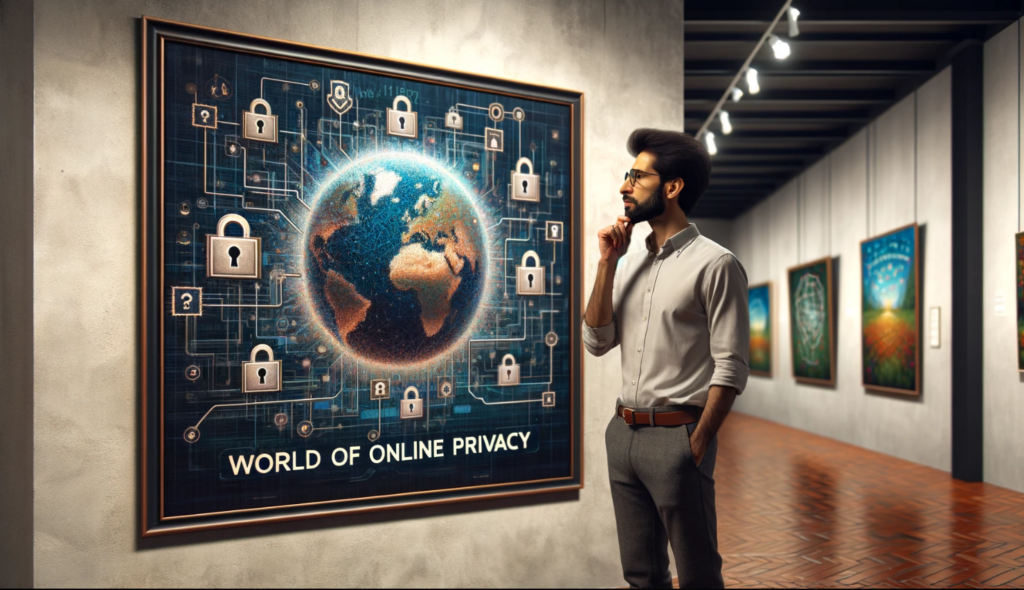 image of a man looking at a picture titled "World of Online Privacy" in an art gallery.